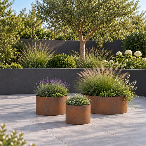 Rusty steel garden planters - steel,